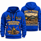 Tigercat 850 with 568 Processor Operator quarter zip hoodie in Blue, front and back views, sample YOUR NAME and SINCE 2000 artwork