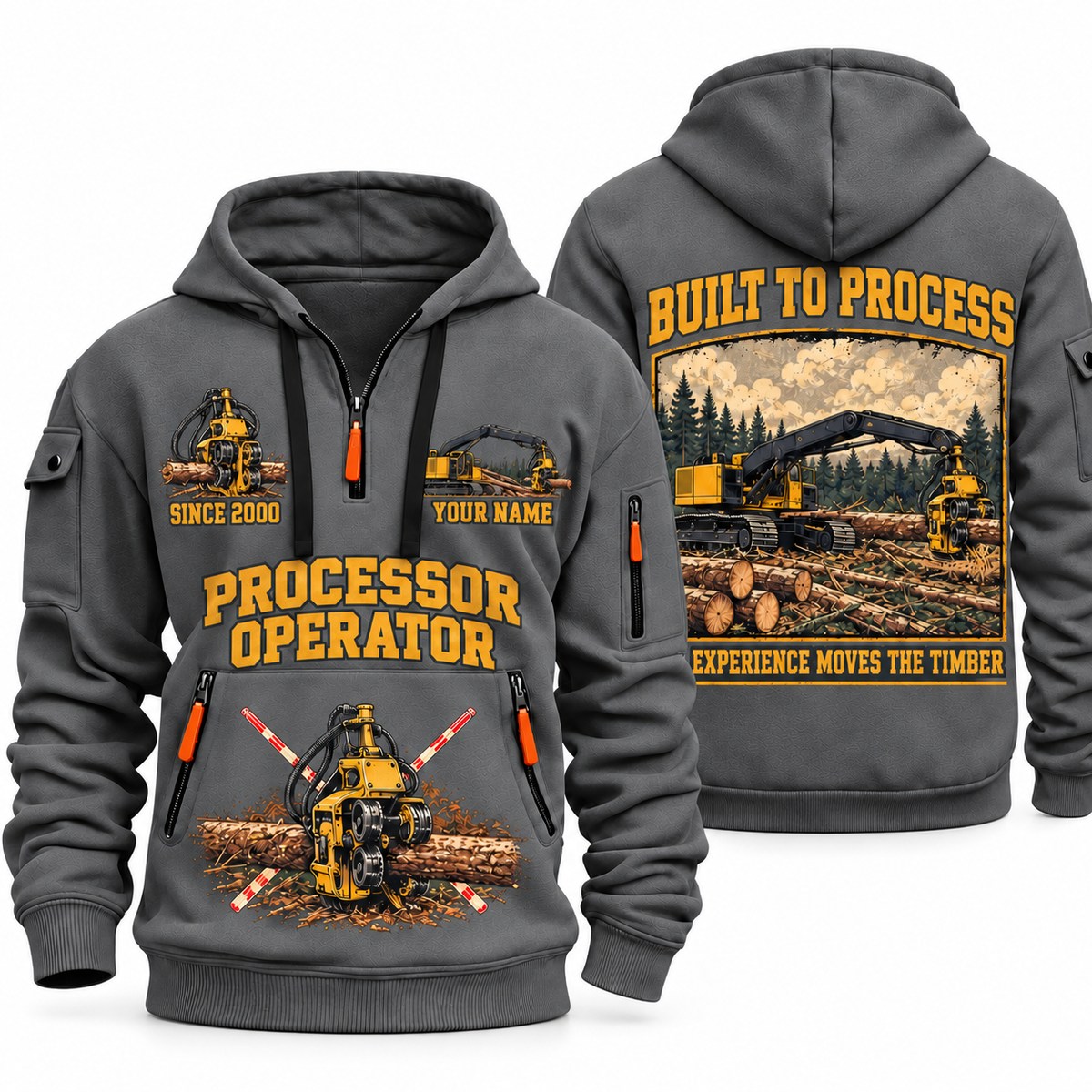 Tigercat 850 with 568 Processor Operator quarter zip hoodie in Gray, front and back views, sample YOUR NAME and SINCE 2000 artwork
