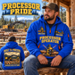 Tigercat 850 with 568 Processor Operator quarter zip hoodie in Blue, adult lifestyle portrait showing front and back artwork