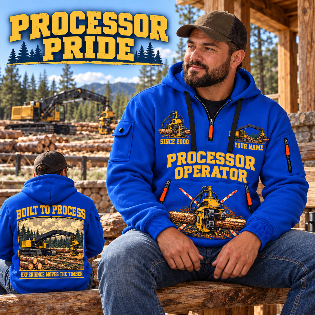 Tigercat 850 with 568 Processor Operator quarter zip hoodie in Blue, adult lifestyle portrait showing front and back artwork