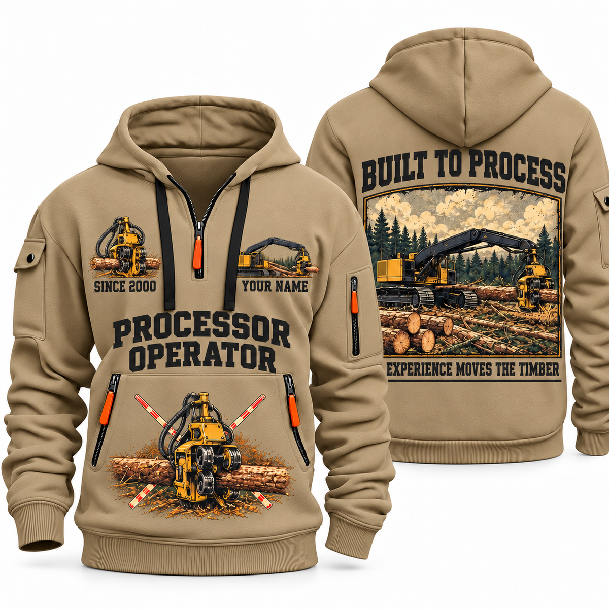 Tigercat 850 with 568 Processor Operator quarter zip hoodie in Khaki, front and back views, sample YOUR NAME and SINCE 2000 artwork