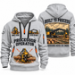 Tigercat 850 with 568 Processor Operator quarter zip hoodie in Light Grey, front and back views, sample YOUR NAME and SINCE 2000 artwork