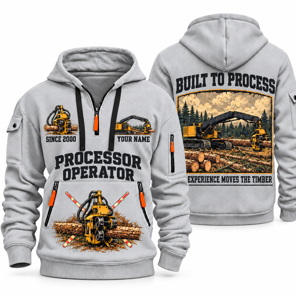 Tigercat 850 with 568 Processor Operator quarter zip hoodie in Light Grey, front and back views, sample YOUR NAME and SINCE 2000 artwork