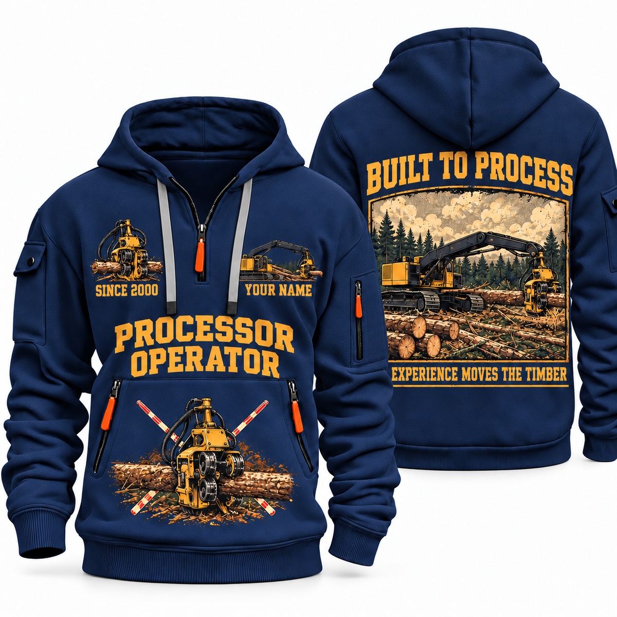 Tigercat 850 with 568 Processor Operator quarter zip hoodie in Navy, front and back views, sample YOUR NAME and SINCE 2000 artwork