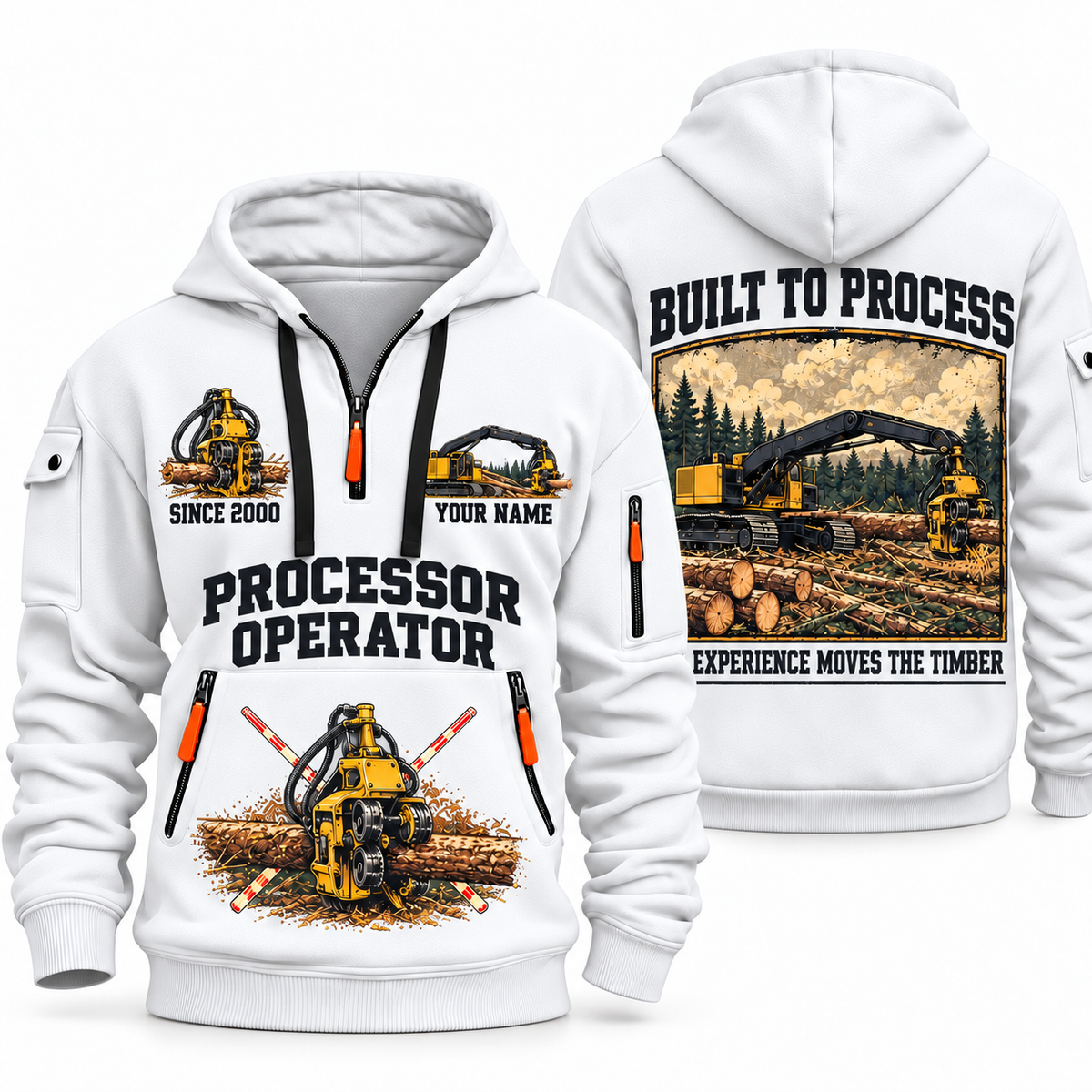 Tigercat 850 with 568 Processor Operator quarter zip hoodie in White, front and back views, sample YOUR NAME and SINCE 2000 artwork