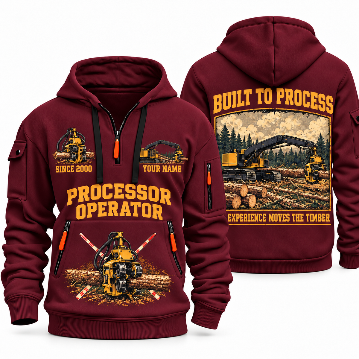 Tigercat 850 with 568 Processor Operator quarter zip hoodie in Wine Red, front and back views, sample YOUR NAME and SINCE 2000 artwork