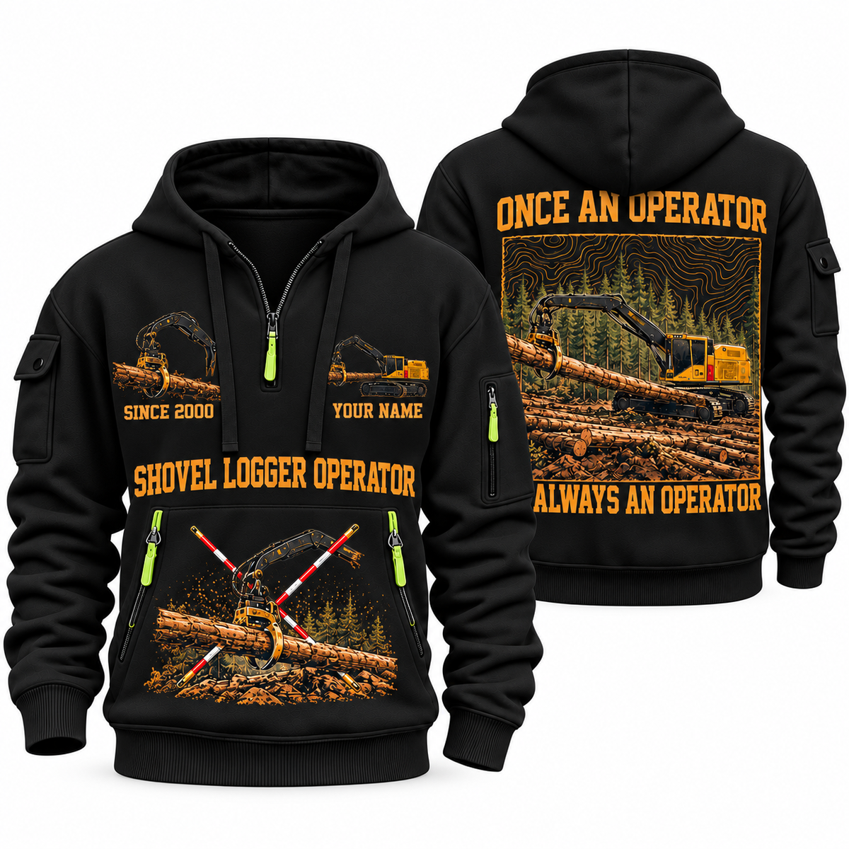 Tigercat S855E Live-Heel Shovel Logger Operator quarter zip hoodie in Black, front and back views, sample YOUR NAME and SINCE 2000 artwork