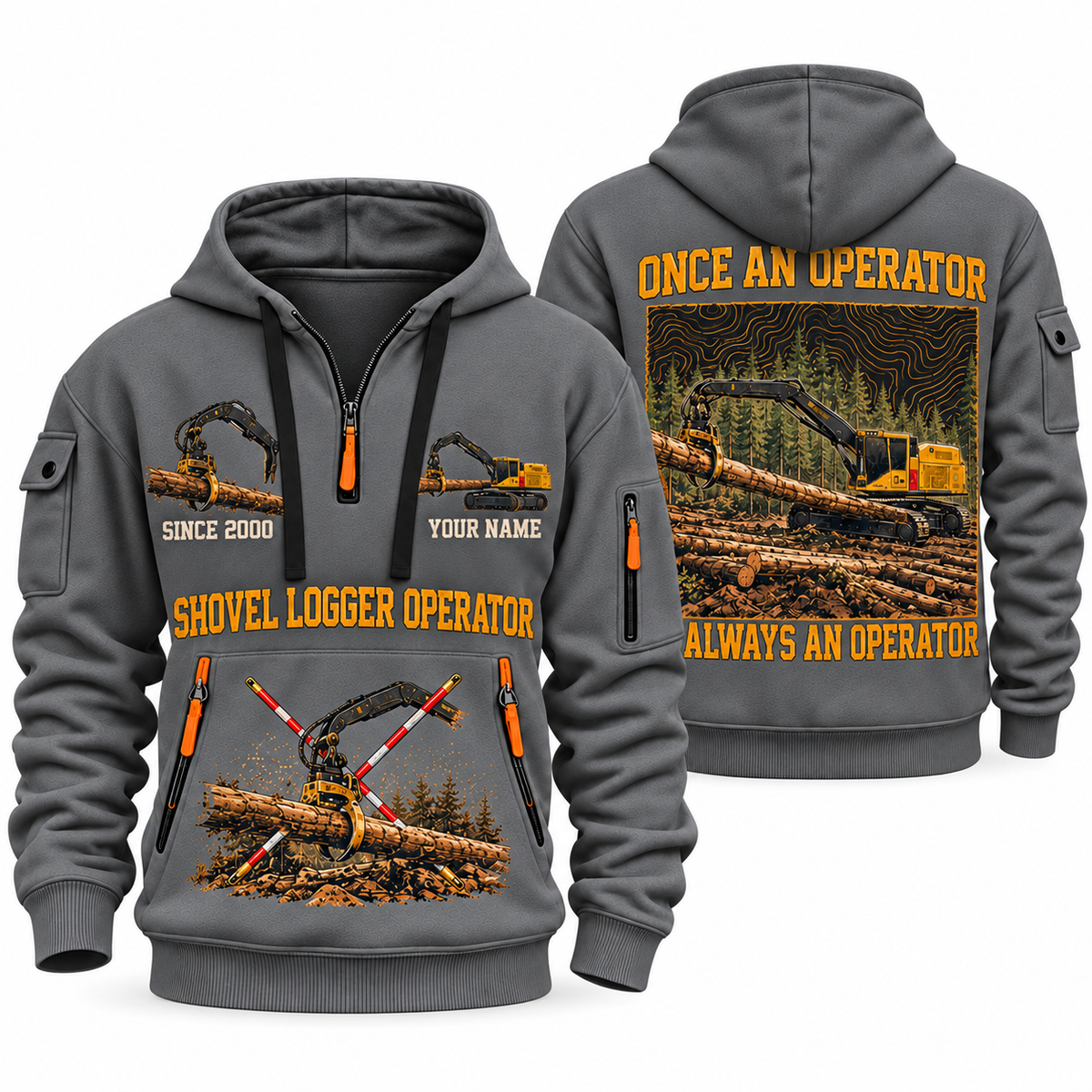 Tigercat S855E Live-Heel Shovel Logger Operator quarter zip hoodie in Gray, front and back views, sample YOUR NAME and SINCE 2000 artwork