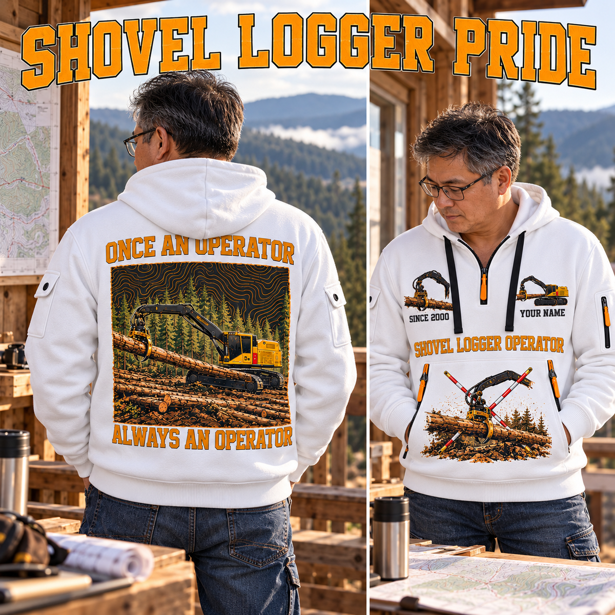 Tigercat S855E Live-Heel Shovel Logger Operator quarter zip hoodie in White, adult lifestyle portrait showing front and back artwork