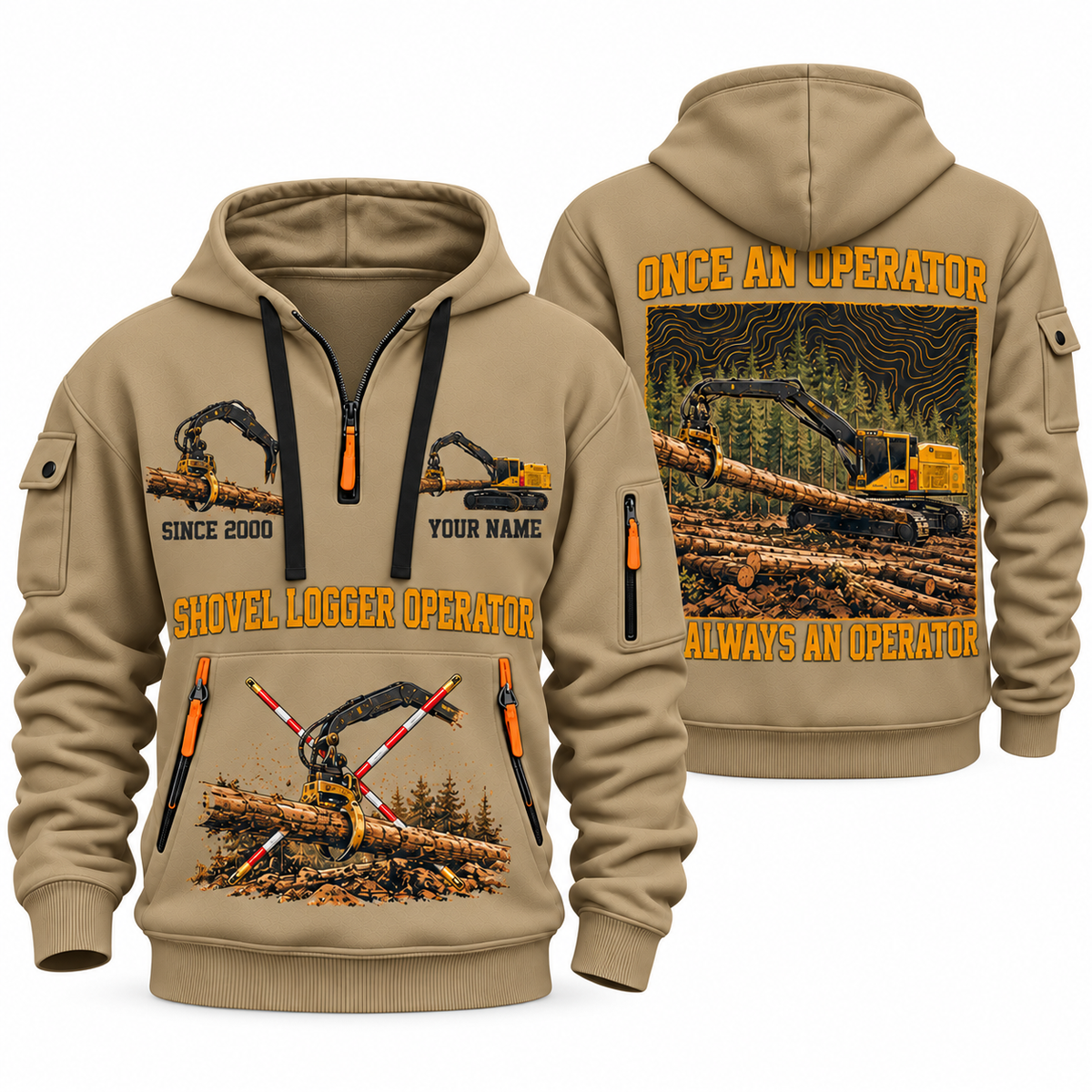 Tigercat S855E Live-Heel Shovel Logger Operator quarter zip hoodie in Khaki, front and back views, sample YOUR NAME and SINCE 2000 artwork