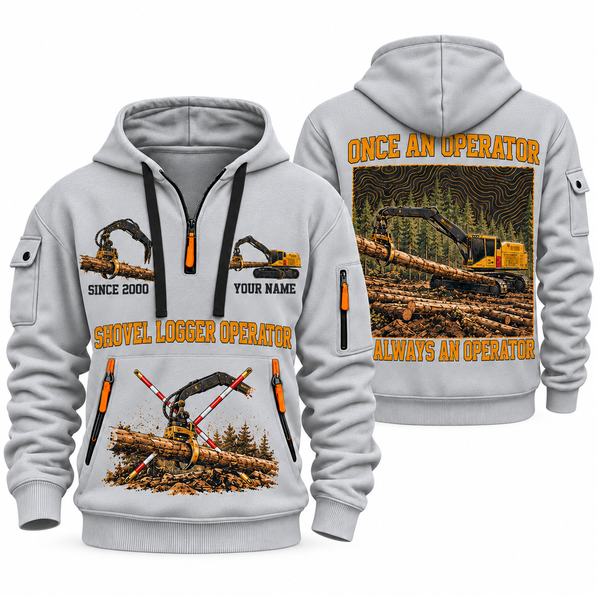 Tigercat S855E Live-Heel Shovel Logger Operator quarter zip hoodie in Light Grey, front and back views, sample YOUR NAME and SINCE 2000 artwork