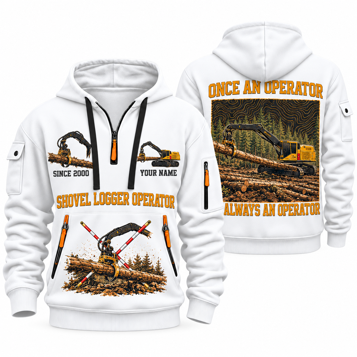 Tigercat S855E Live-Heel Shovel Logger Operator quarter zip hoodie in White, front and back views, sample YOUR NAME and SINCE 2000 artwork