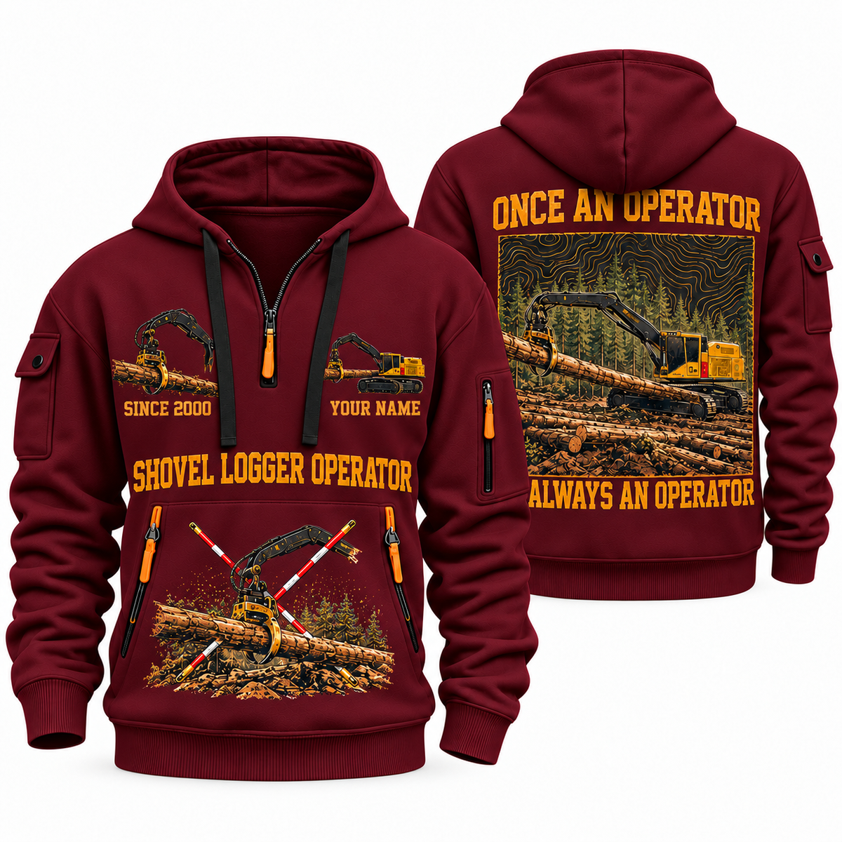 Tigercat S855E Live-Heel Shovel Logger Operator quarter zip hoodie in Wine Red, front and back views, sample YOUR NAME and SINCE 2000 artwork