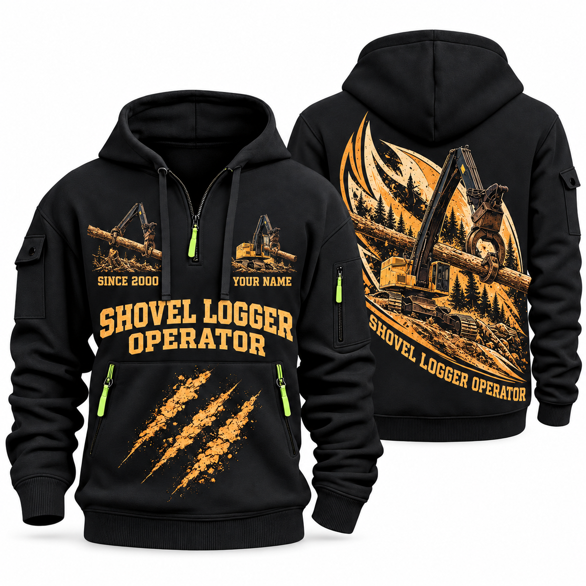 Tigercat LS855E Live-Heel Shovel Logger Operator quarter zip hoodie in Black, front and back views, sample YOUR NAME and SINCE 2000 artwork