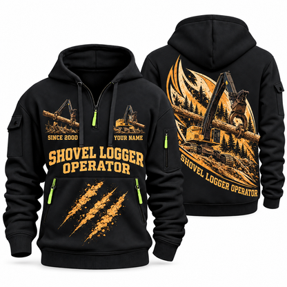 Tigercat LS855E Live-Heel Shovel Logger Operator quarter zip hoodie in Black, front and back views, sample YOUR NAME and SINCE 2000 artwork