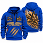 Tigercat LS855E Live-Heel Shovel Logger Operator quarter zip hoodie in Blue, front and back views, sample YOUR NAME and SINCE 2000 artwork