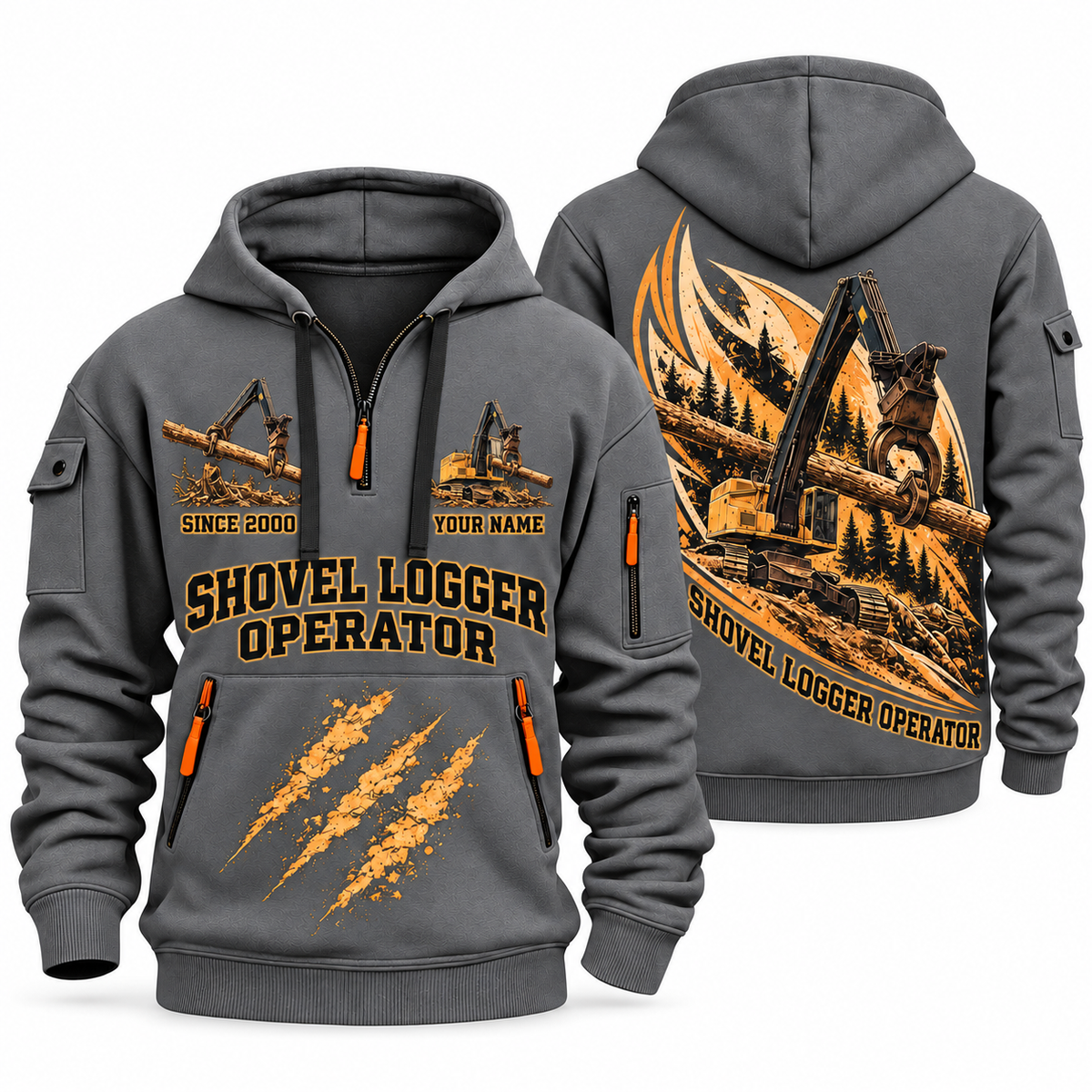 Tigercat LS855E Live-Heel Shovel Logger Operator quarter zip hoodie in Gray, front and back views, sample YOUR NAME and SINCE 2000 artwork