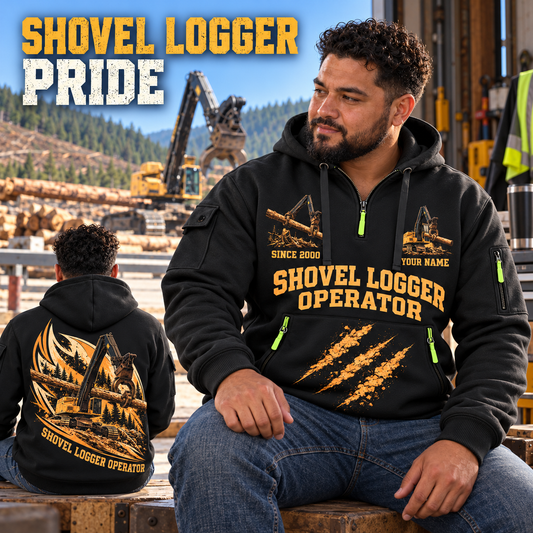 Tigercat LS855E Live-Heel Shovel Logger Operator quarter zip hoodie in Black, adult lifestyle portrait showing front and back artwork
