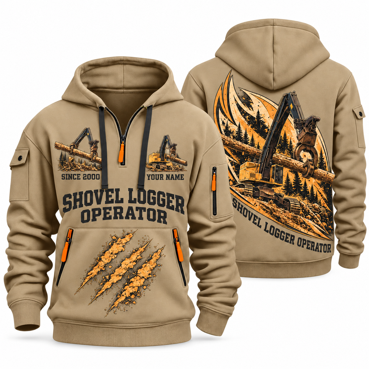 Tigercat LS855E Live-Heel Shovel Logger Operator quarter zip hoodie in Khaki, front and back views, sample YOUR NAME and SINCE 2000 artwork