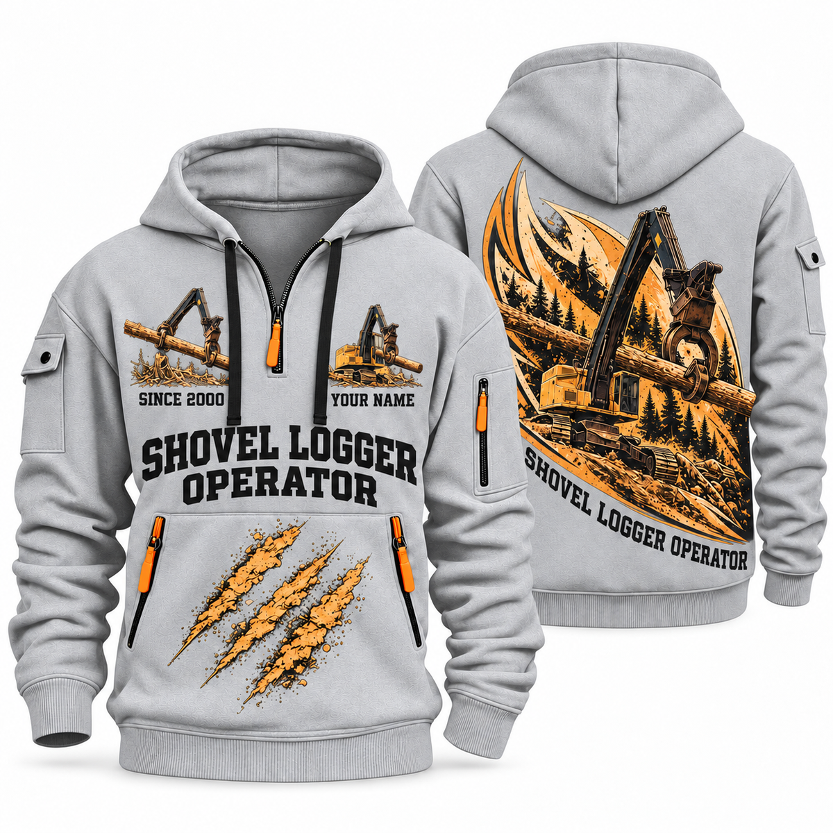 Tigercat LS855E Live-Heel Shovel Logger Operator quarter zip hoodie in Light Grey, front and back views, sample YOUR NAME and SINCE 2000 artwork