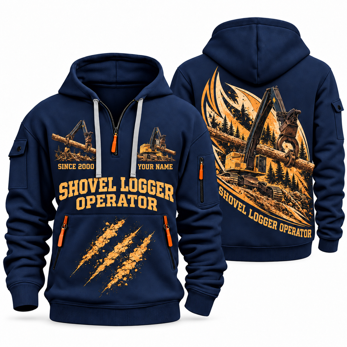Tigercat LS855E Live-Heel Shovel Logger Operator quarter zip hoodie in Navy, front and back views, sample YOUR NAME and SINCE 2000 artwork