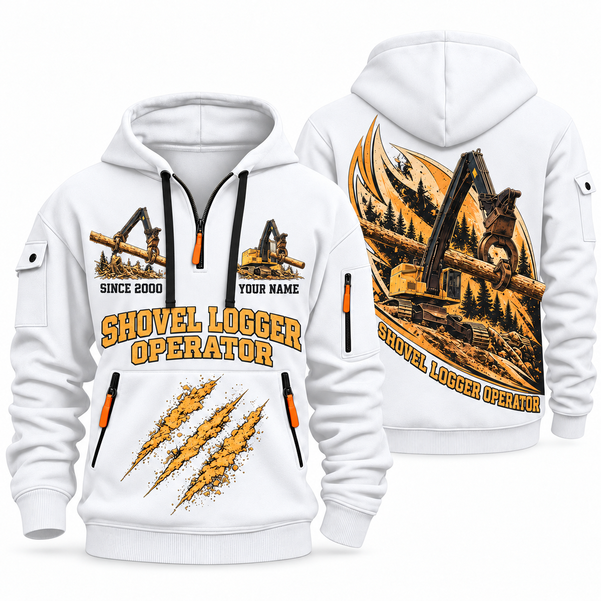Tigercat LS855E Live-Heel Shovel Logger Operator quarter zip hoodie in White, front and back views, sample YOUR NAME and SINCE 2000 artwork