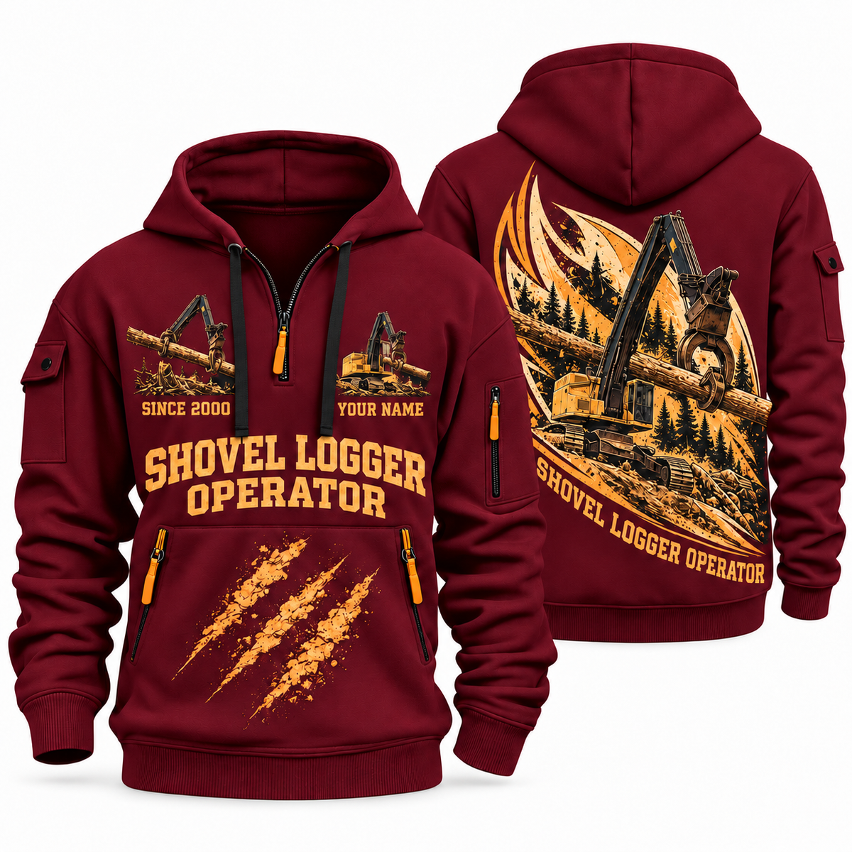 Tigercat LS855E Live-Heel Shovel Logger Operator quarter zip hoodie in Wine Red, front and back views, sample YOUR NAME and SINCE 2000 artwork