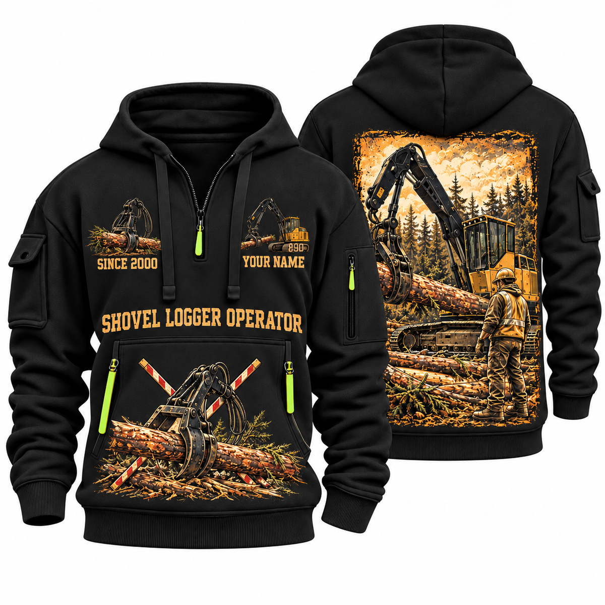 Tigercat 890 Live-Heel Shovel Logger Operator quarter zip hoodie in Black, front and back views, sample YOUR NAME and SINCE 2000 artwork