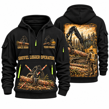 Tigercat 890 Live-Heel Shovel Logger Operator quarter zip hoodie in Black, front and back views, sample YOUR NAME and SINCE 2000 artwork