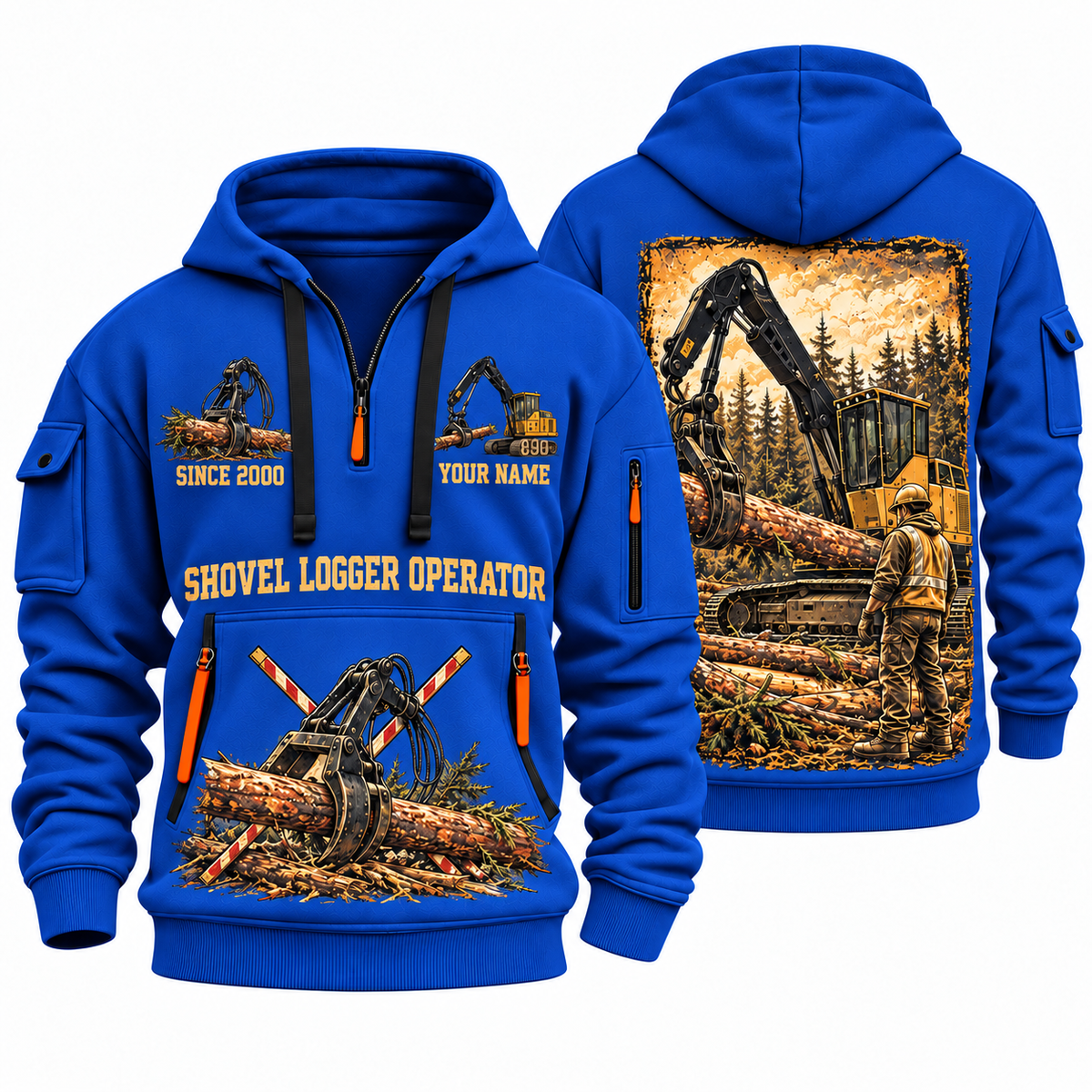 Tigercat 890 Live-Heel Shovel Logger Operator quarter zip hoodie in Blue, front and back views, sample YOUR NAME and SINCE 2000 artwork