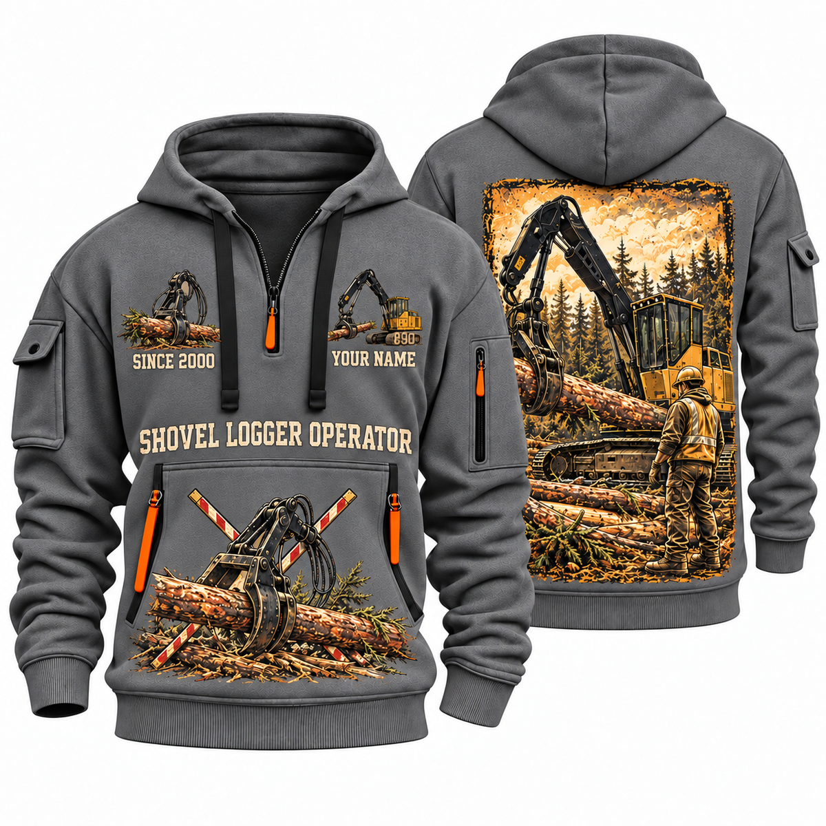 Tigercat 890 Live-Heel Shovel Logger Operator quarter zip hoodie in Gray, front and back views, sample YOUR NAME and SINCE 2000 artwork