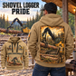 Tigercat 890 Live-Heel Shovel Logger Operator quarter zip hoodie in Khaki, adult lifestyle portrait showing front and back artwork