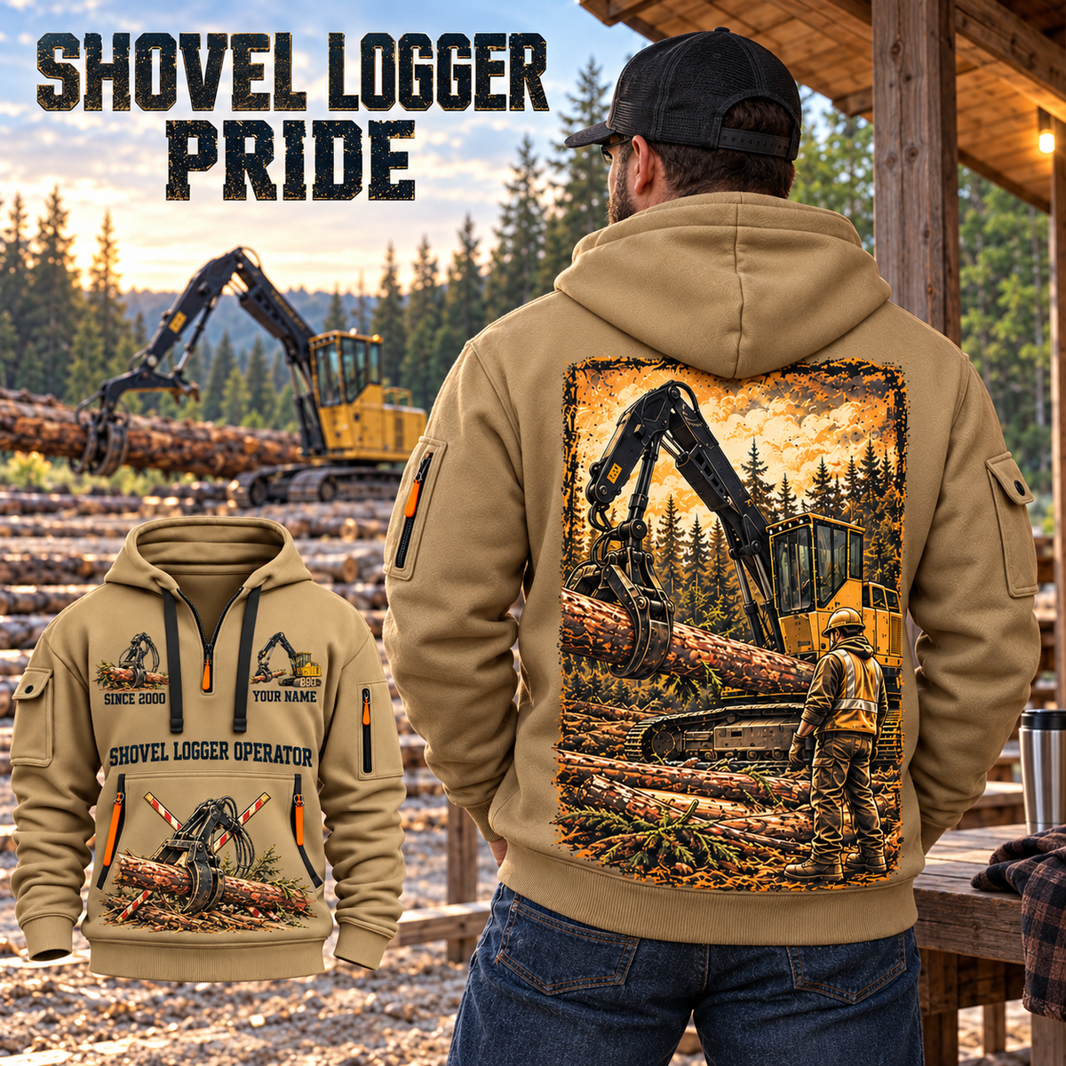 Tigercat 890 Live-Heel Shovel Logger Operator quarter zip hoodie in Khaki, adult lifestyle portrait showing front and back artwork
