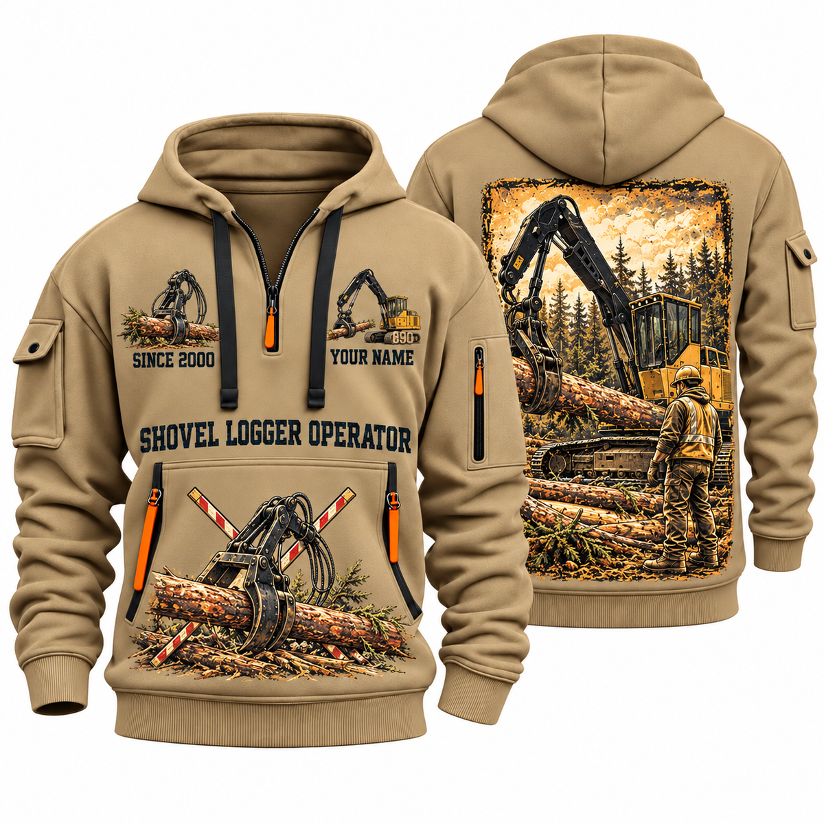 Tigercat 890 Live-Heel Shovel Logger Operator quarter zip hoodie in Khaki, front and back views, sample YOUR NAME and SINCE 2000 artwork