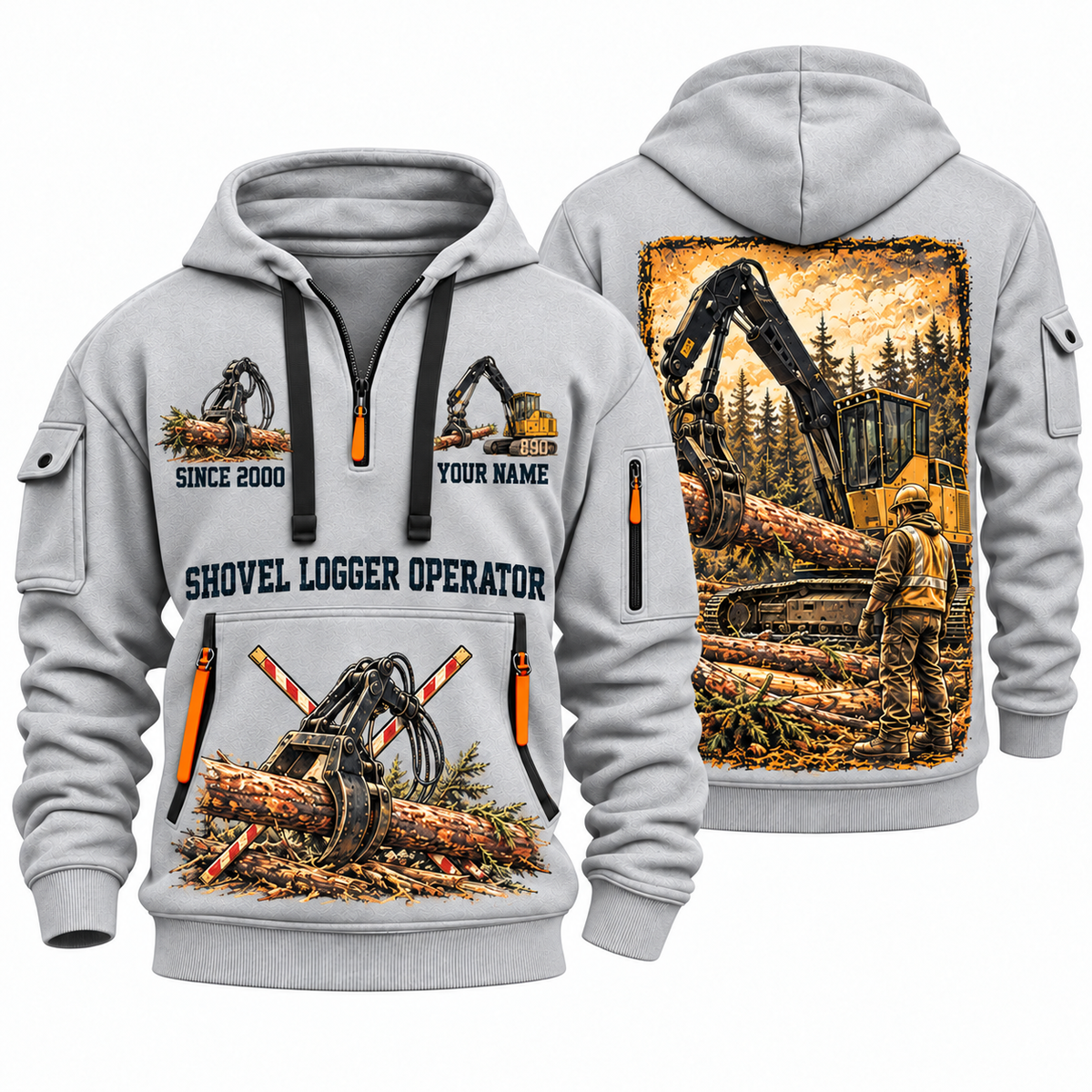 Tigercat 890 Live-Heel Shovel Logger Operator quarter zip hoodie in Light Grey, front and back views, sample YOUR NAME and SINCE 2000 artwork