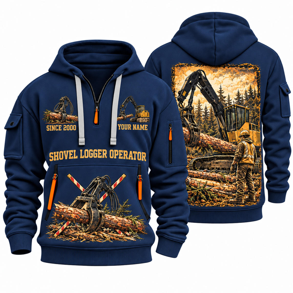 Tigercat 890 Live-Heel Shovel Logger Operator quarter zip hoodie in Navy, front and back views, sample YOUR NAME and SINCE 2000 artwork