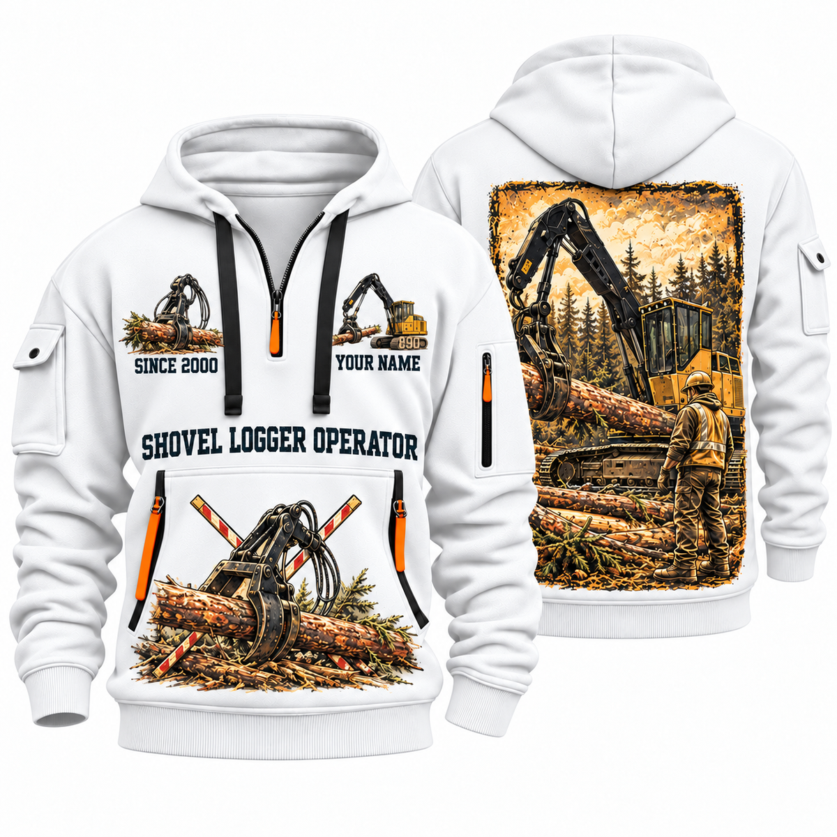 Tigercat 890 Live-Heel Shovel Logger Operator quarter zip hoodie in White, front and back views, sample YOUR NAME and SINCE 2000 artwork