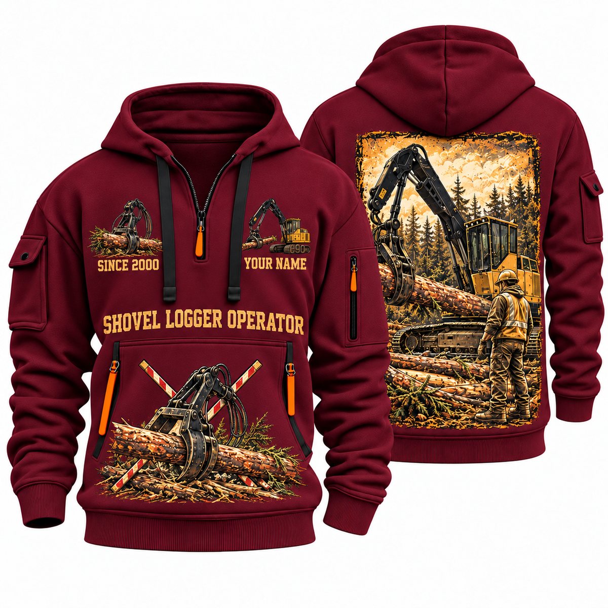 Tigercat 890 Live-Heel Shovel Logger Operator quarter zip hoodie in Wine Red, front and back views, sample YOUR NAME and SINCE 2000 artwork