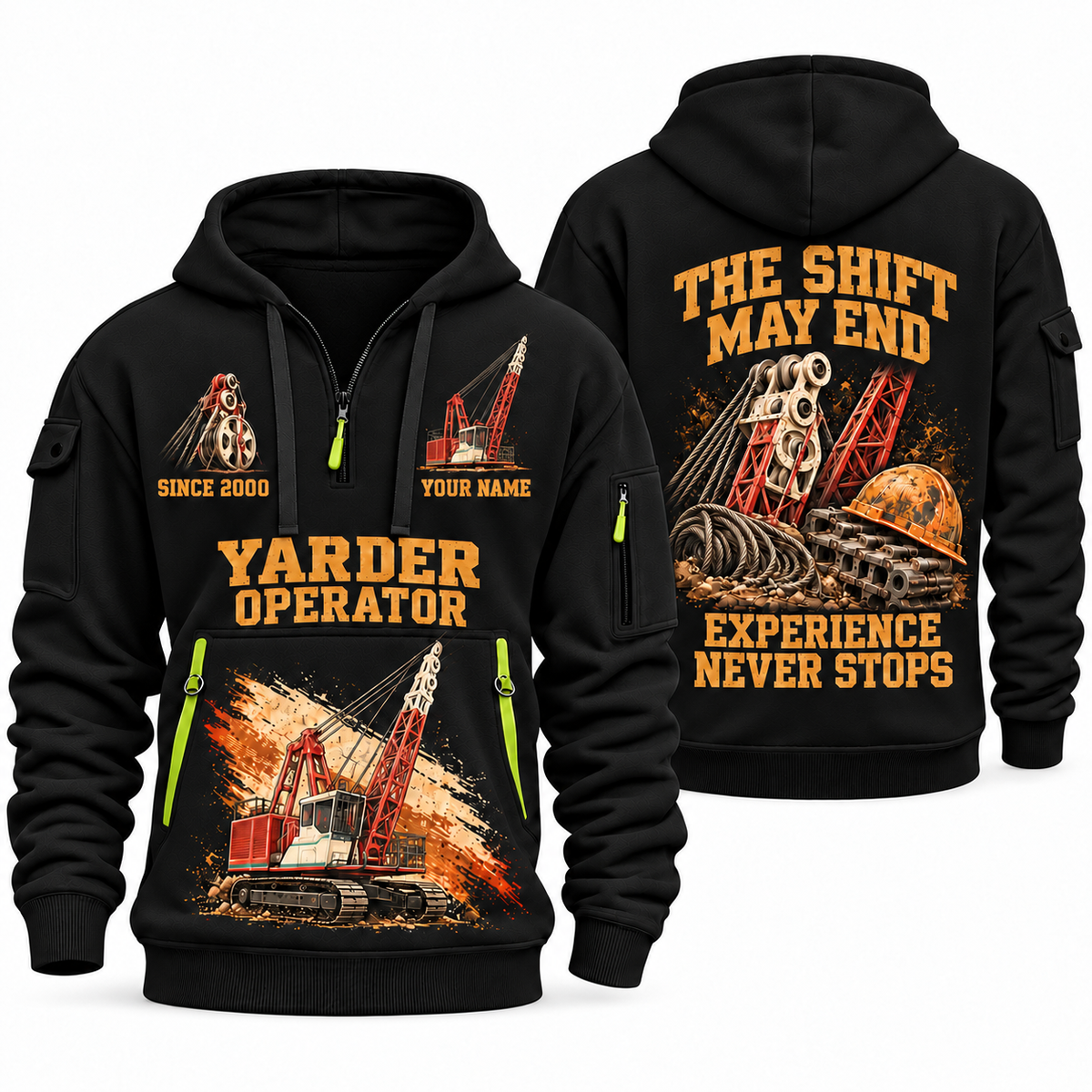 Madill 124 Yarder Operator quarter zip hoodie in Black, front and back views, sample YOUR NAME and SINCE 2000 artwork