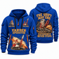 Madill 124 Yarder Operator quarter zip hoodie in Blue, front and back views, sample YOUR NAME and SINCE 2000 artwork