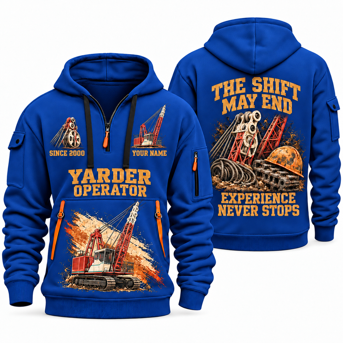 Madill 124 Yarder Operator quarter zip hoodie in Blue, front and back views, sample YOUR NAME and SINCE 2000 artwork
