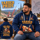 Madill 124 Yarder Operator quarter zip hoodie in Navy, adult lifestyle portrait showing front and back artwork
