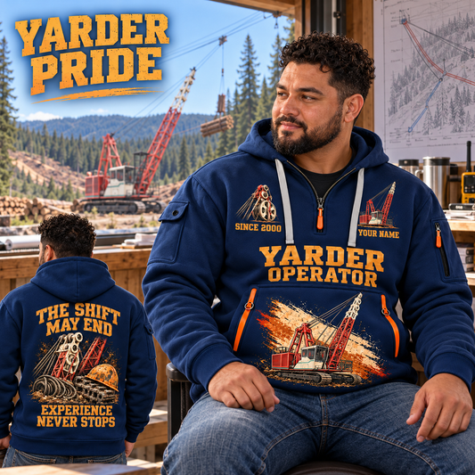 Madill 124 Yarder Operator quarter zip hoodie in Navy, adult lifestyle portrait showing front and back artwork