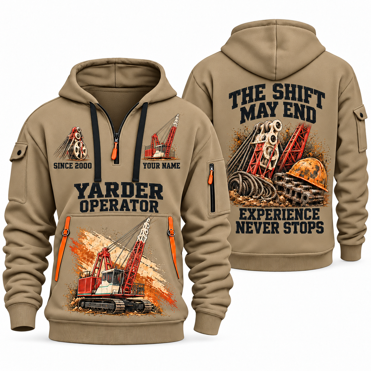 Madill 124 Yarder Operator quarter zip hoodie in Khaki, front and back views, sample YOUR NAME and SINCE 2000 artwork