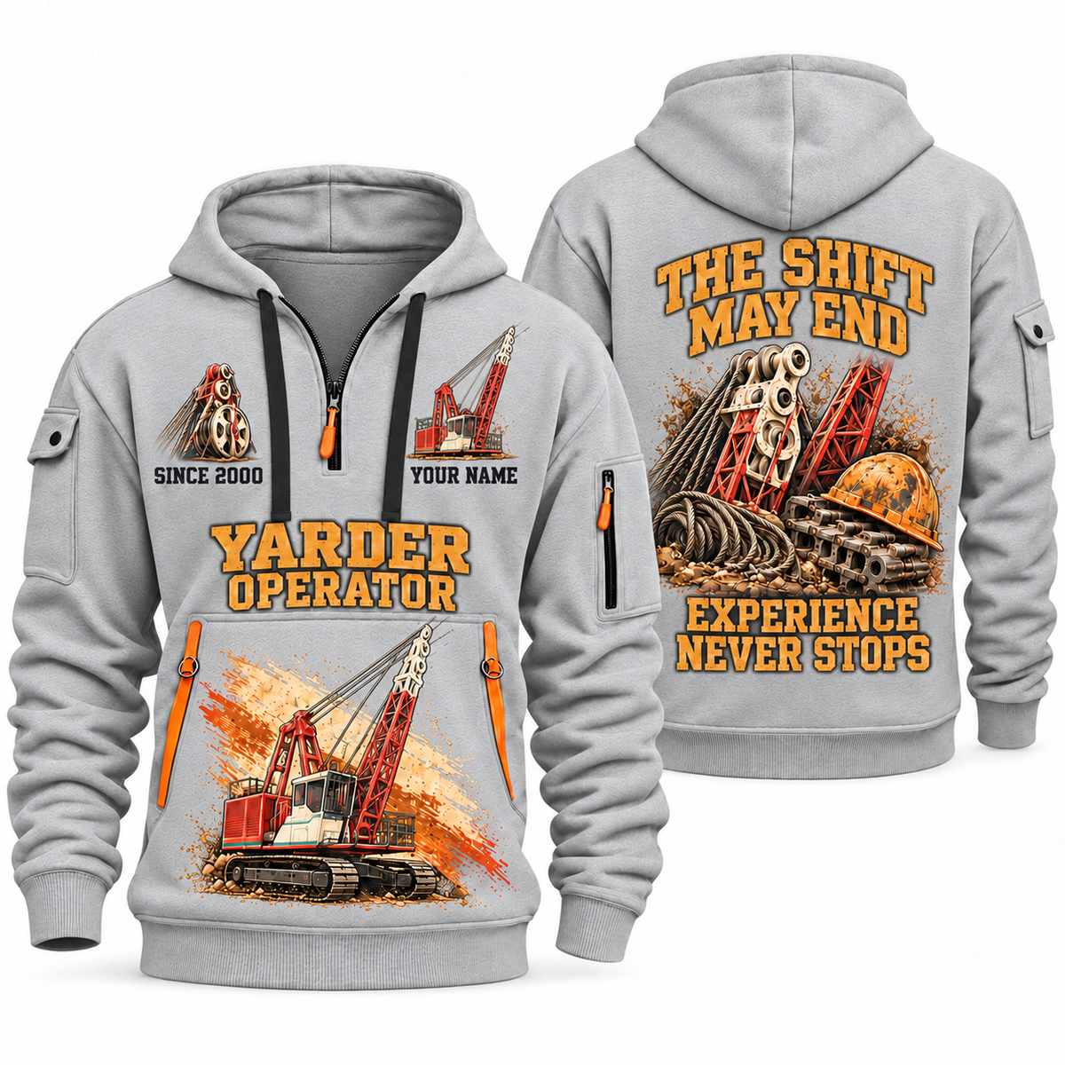 Madill 124 Yarder Operator quarter zip hoodie in Light Grey, front and back views, sample YOUR NAME and SINCE 2000 artwork
