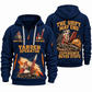 Madill 124 Yarder Operator quarter zip hoodie in Navy, front and back views, sample YOUR NAME and SINCE 2000 artwork