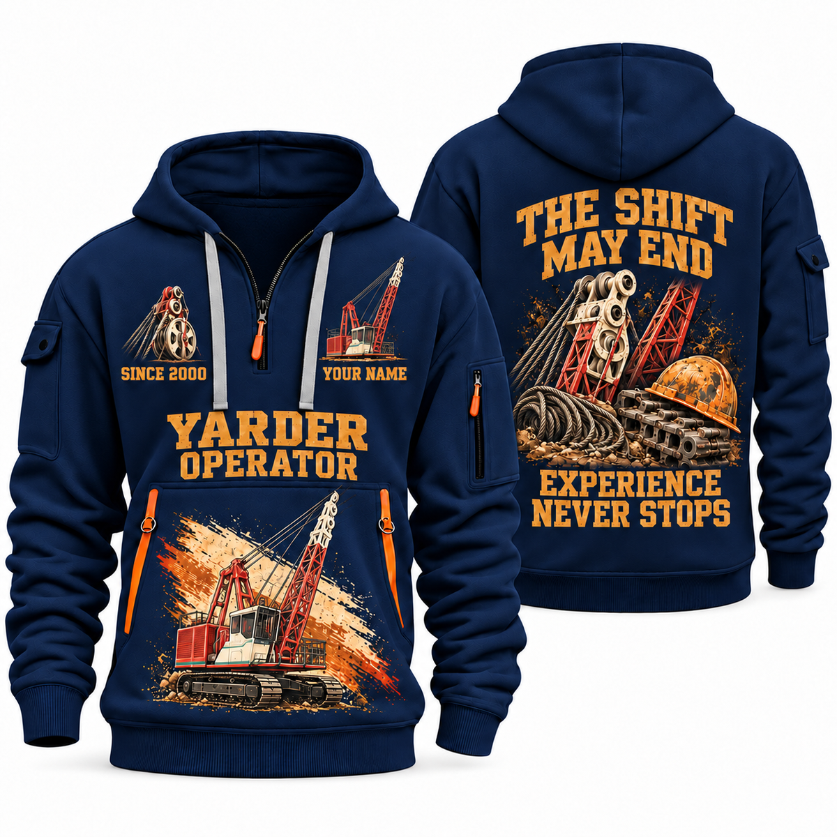 Madill 124 Yarder Operator quarter zip hoodie in Navy, front and back views, sample YOUR NAME and SINCE 2000 artwork