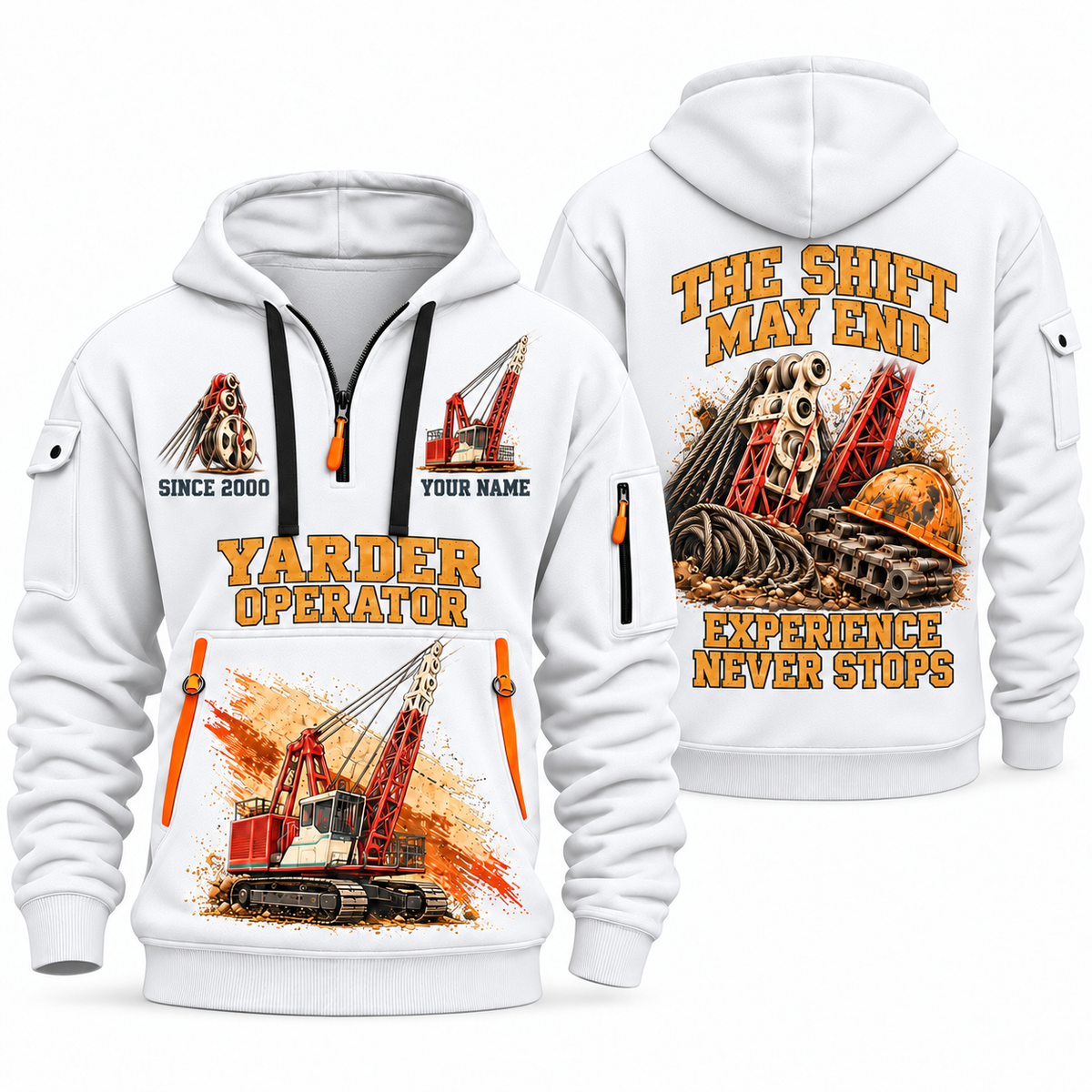 Madill 124 Yarder Operator quarter zip hoodie in White, front and back views, sample YOUR NAME and SINCE 2000 artwork