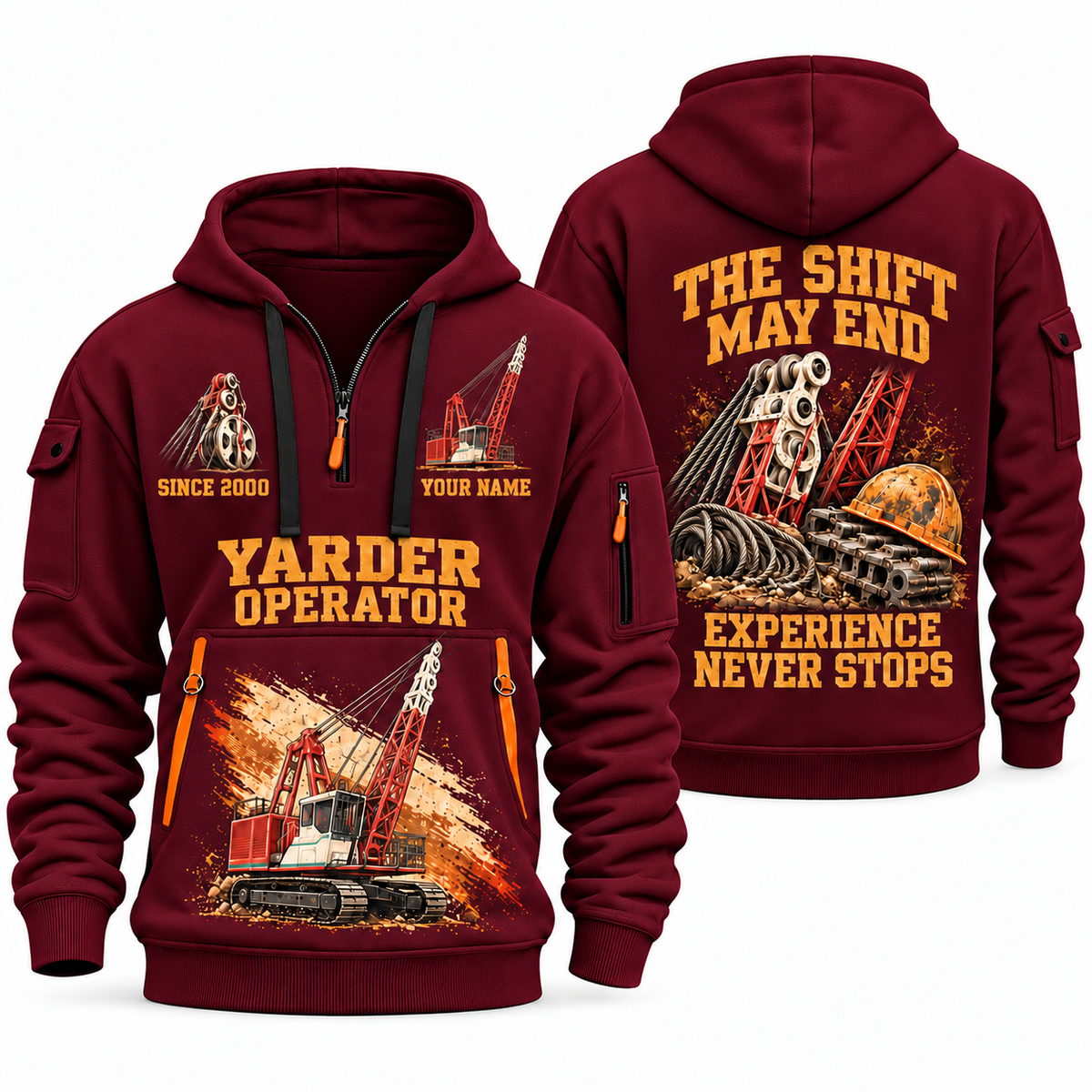 Madill 124 Yarder Operator quarter zip hoodie in Wine Red, front and back views, sample YOUR NAME and SINCE 2000 artwork