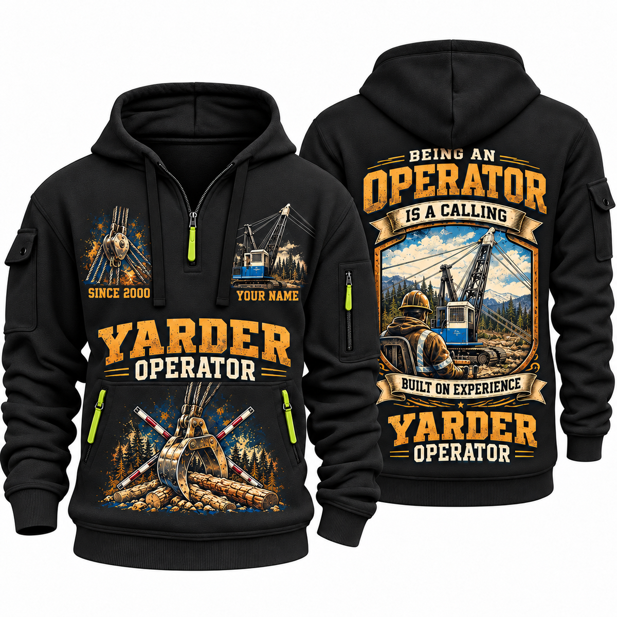 T-MAR Log Champ 550 Yarder Operator quarter zip hoodie in Black, front and back views, sample YOUR NAME and SINCE 2000 artwork